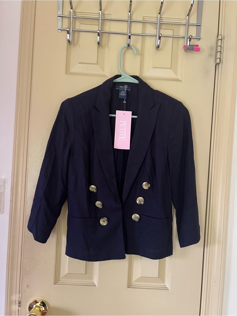 New York & Company Navy Double-Breasted Petite Blazer with Gold Buttons